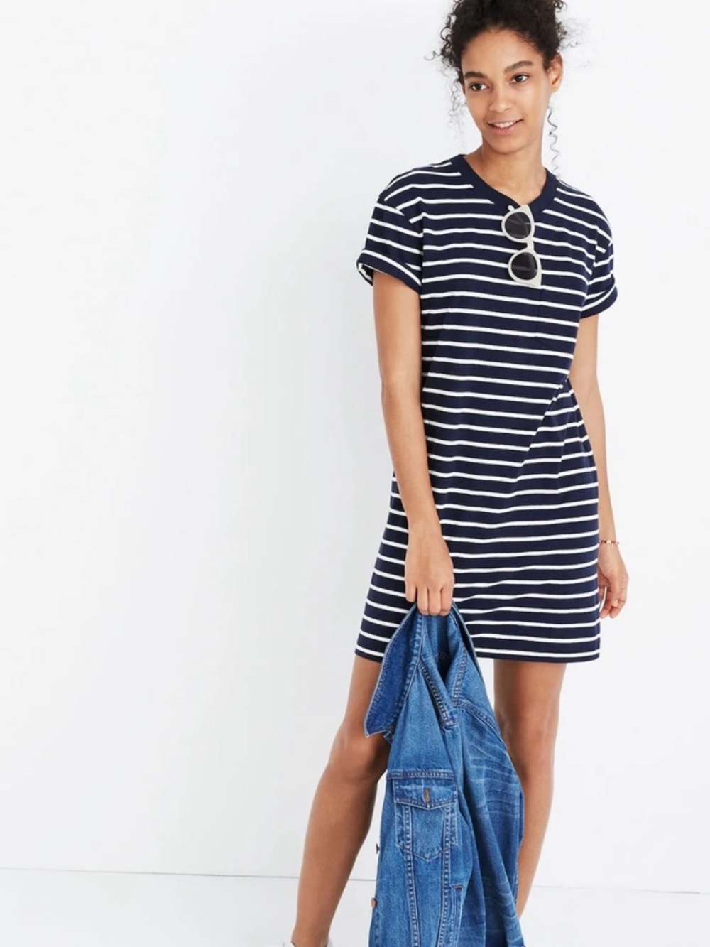 Madewell Navy White Stripe T Shirt Dress Crew Neck Cotton Mini Dress Coastal